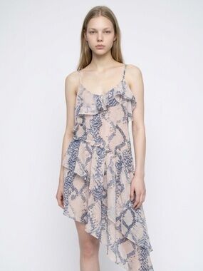 Olivaceous Light Beige and Blue Asymmetrical Ruffle Slip Dress